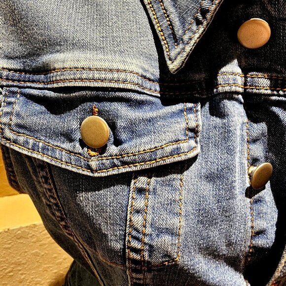 1990's Vintage Vibe Denim Button Down Double Pocket Trucker Blue Dress Size 14 - Picture 7 of 15